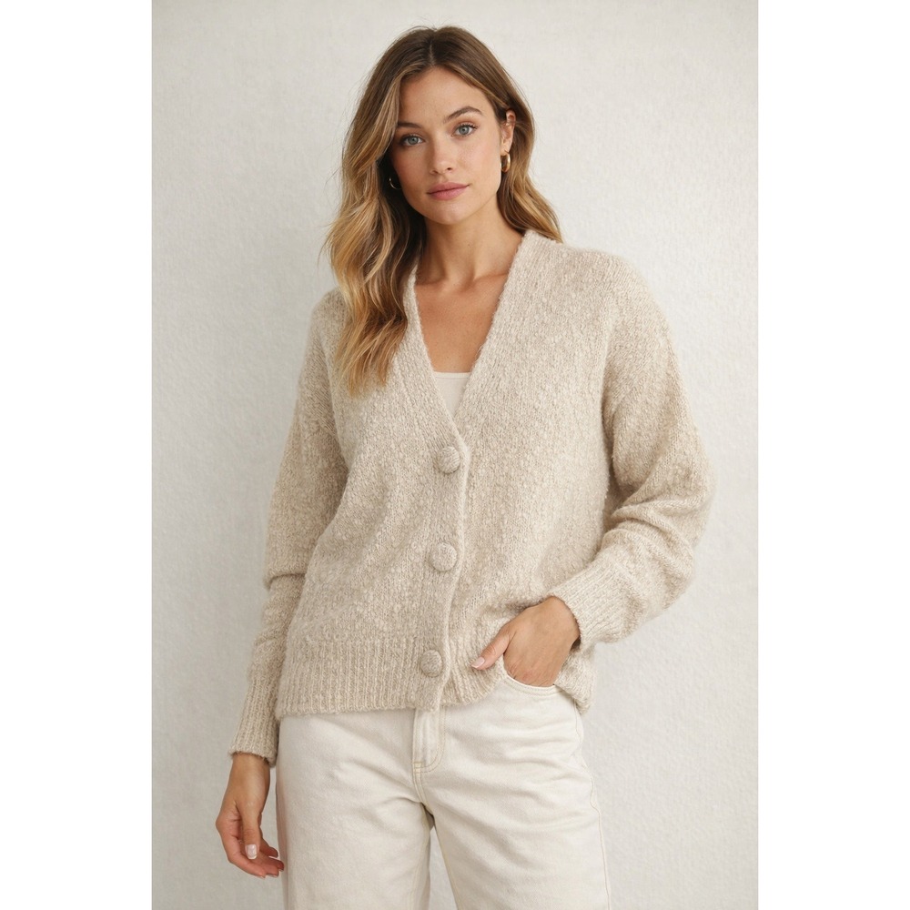 Lush Womens Ivory Popcorn Knit Oversized V-Neck Button Front Cardigan IT1880-FCI